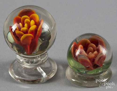 Two Jack Choko, Millville, New Jersey, miniature crimp rose footed paperweights, 1 3/8'' dia. and 1 1