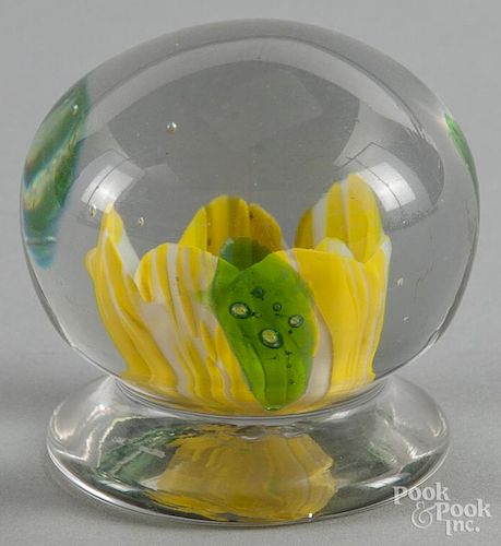 Millville style striped yellow crimp rose footed paperweight, 3 1/2'' dia.