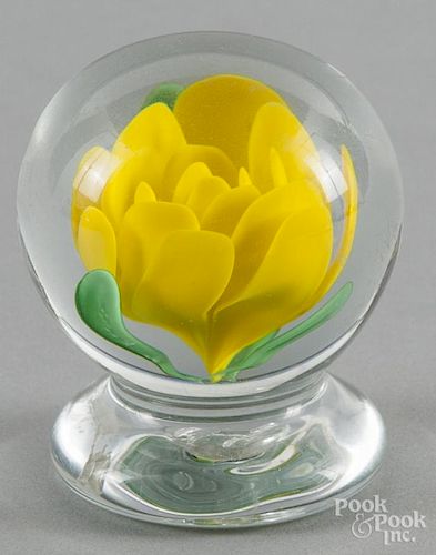 Robert Hamon, Millville style yellow crimp rose footed paperweight, impressed H on base, 2 1/4'' di
