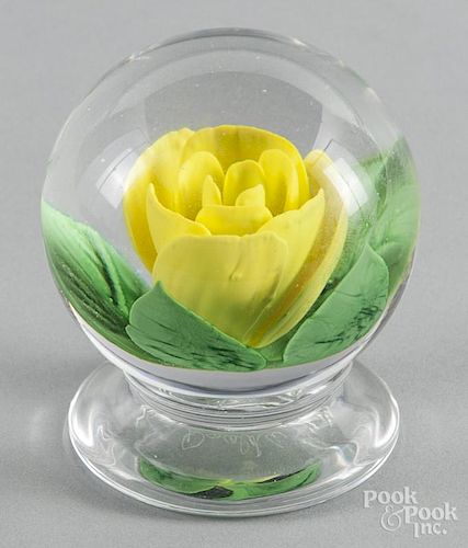 Millville style yellow crimp rose footed paperweight, with etched signature on base, 3 1/8'' dia.