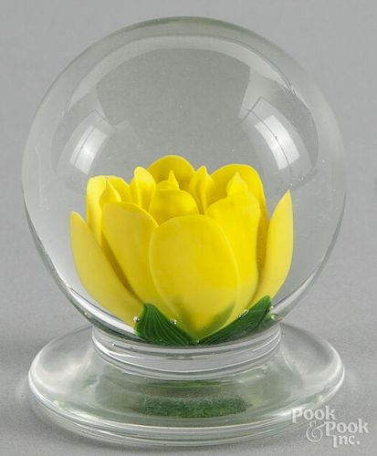Charles Kaziun Jr., yellow crimp rose footed paperweight, signed with a gold K on base, 2 3/8'' dia