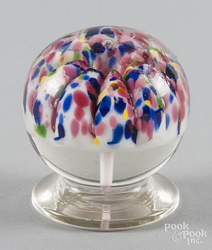 Millville, New Jersey mushroom footed paperweight, with white mushroom spattered with multiple color