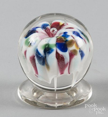 Millville, New Jersey mushroom paperweight, with white mushroom spattered with multiple colors, 3 1/