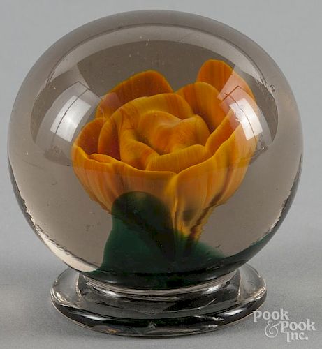 Millville style orange crimp rose footed paperweight, with green leaves, 3 1/2'' dia.