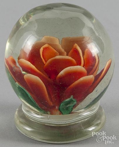 Chinese Millville style orange crimp rose footed paperweight, 3 1/8'' dia.
