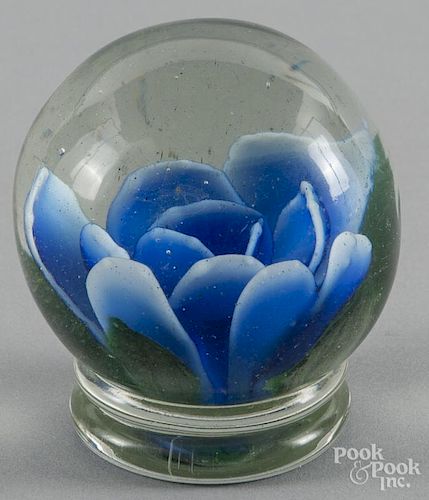 Chinese Millville style blue crimp rose footed paperweight, 3'' dia.
