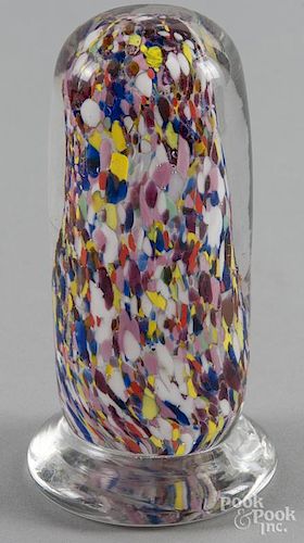 Glass paperweight style footed wig stand, possibly Millville, the interior with colored chip decorat