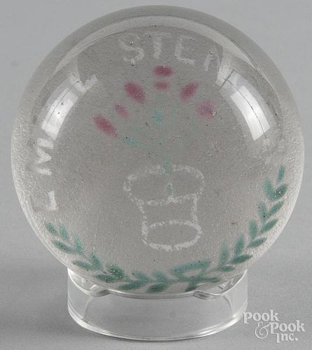Colored frit paperweight, with a frosted base, inscribed Emiel Stenger, 3 1/2'' dia.