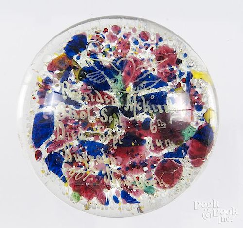 President McKinley memorial frit paperweight, with inscription over a ground of multicolored chips,