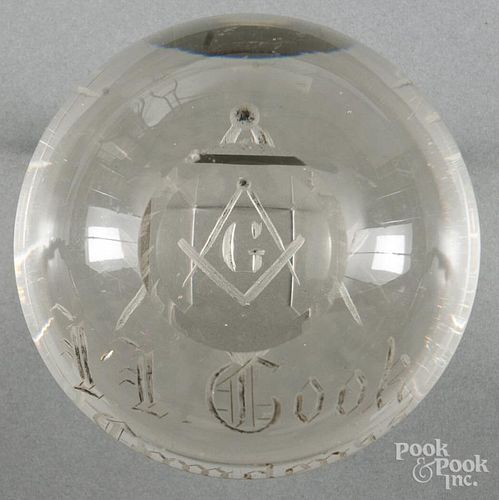 Engraved presentation Masonic paperweight, with initials and top facet, 3 5/8'' dia.