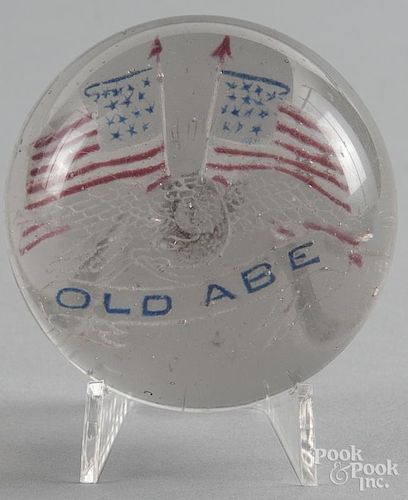 Colored frit paperweight, with an American eagle and two flags, with a banner reading Old Abe, 3 1