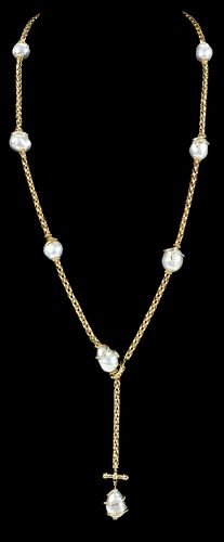 18kt. Lariat Baroque and Diamond Pearl Necklace by Zonnie Sheik
