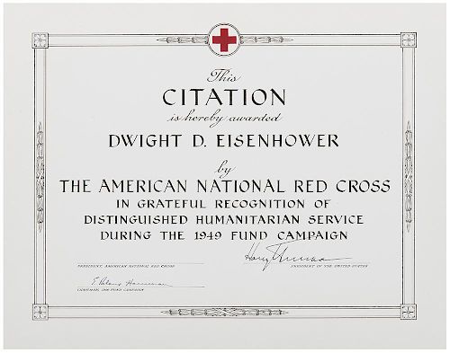 Truman, Harry. Signed Red Cross Award Citation Presented to Dwight D. Eisenhower.
