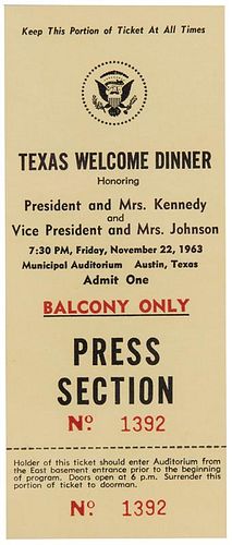[Kennedy, John F.] Unused original Press Section ticket