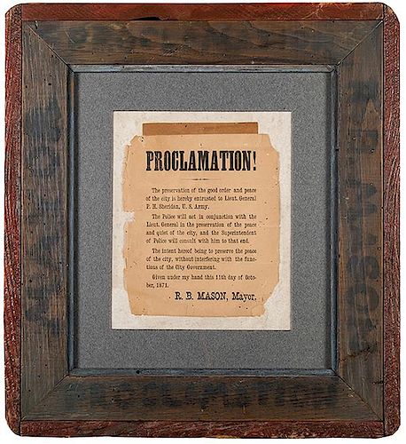 [Great Chicago Fire] Broadside Proclamation by Mayor Roswell B. Mason