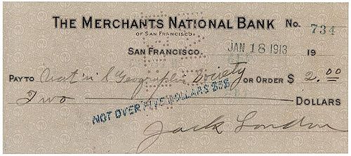 London, Jack. Signed personal check. To National Geographic.