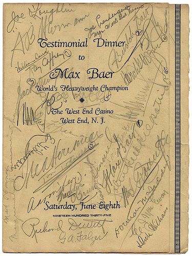 [Sport. Boxing] Testimonial Dinner to Max Baer Program Signed by Numerous Attendees.