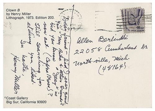 Miller, Henry. Inscribed postcard