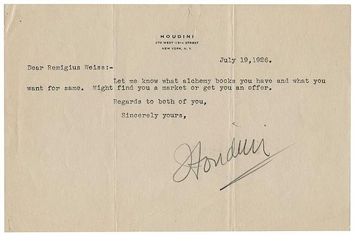 [Magic] Houdini, Harry. Typed Letter Signed.