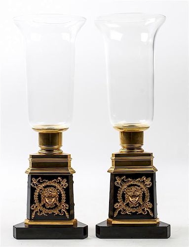 * A Pair of Empire Style Gilt Bronze and Marble Candle Holders Height 18 inches.