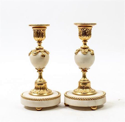 * A Pair of Gilt Bronze and Marble Candlesticks Height 7 1/2 inches.