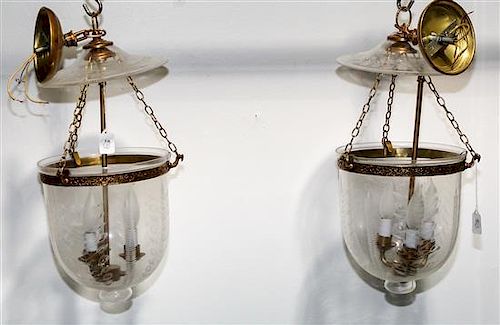 A Pair of Hanging Light Fixtures Length overall 24 inches (without shade).