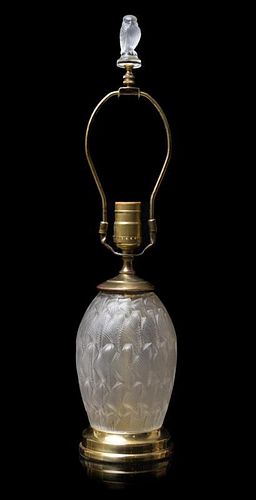 * Lalique, , a Grignon pattern vase, mounted as a lamp, with a bird form finial
