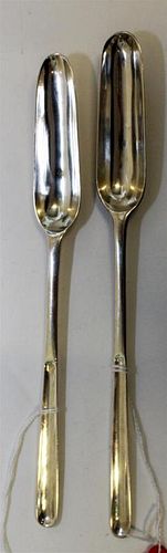 * A Group of Two Georgian Silver Marrow Scoops, maker's marks obscured, of typical form.