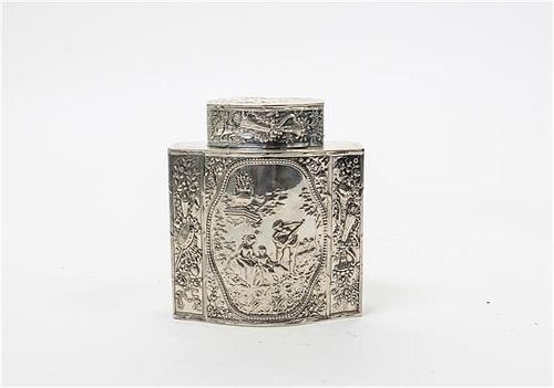 * A Continental Silver Tea Caddy, Probably Dutch, 19th Century, each side with a central cartouche depicting figures in a lan
