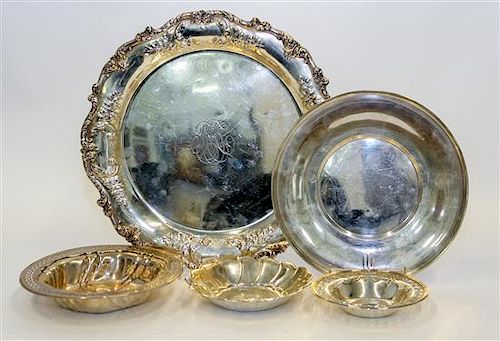 * Five Silver Serving Articles, Various Makers, 20th Century, comprising a tray, a charger, two reticulated bowls and lobed d