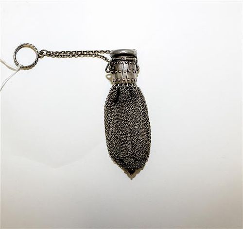 An American Silver Change Purse, makers mark obscured, having a chain-mail pouch with an expanding collar.