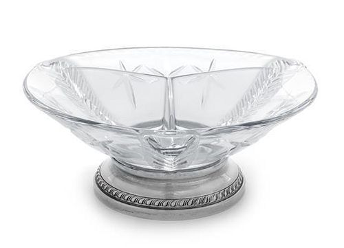 A Glass Three-Part Relish Dish on Silver Stand Diameter 8 1/4 inches.