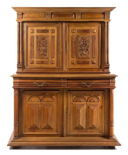 A French Provincial Stepback Cupboard Height 72 1/2 x width 57 x depth 20 3/4 inches.