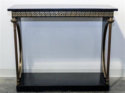 A Neoclassical Style Ebonized and Parcel Gilt Console Table Height 33 1/2 x width 40 x depth 15 inches.