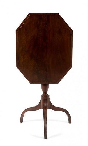 * A Late George III Mahogany Tilt-Top Jardiniere Stand Height 29 3/4 x width 26 1/2 x depth 20 3/4 inches.