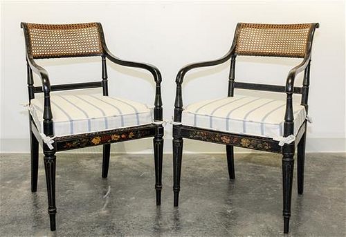 * A Pair of American Black Painted Armchairs Height 33 1/2 inches.