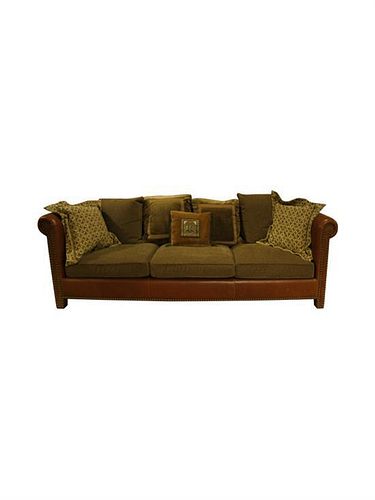 * A Leather and Cloth Upholstered Sofa Height 36 inches.