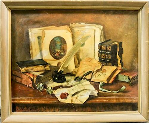 Continental School, (20th century), Still Life with Books, Quill and Spectacles