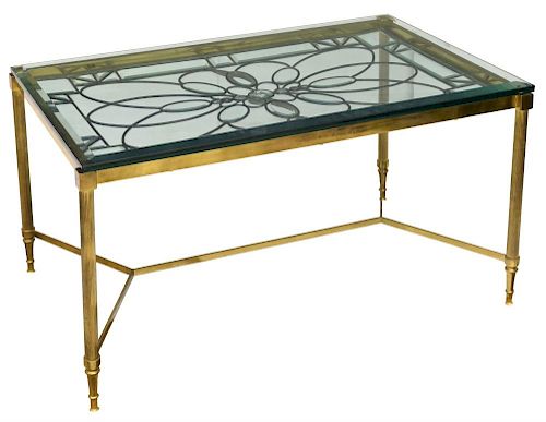 BEVELED LEADED GLASS & BRASS COFFEE TABLE