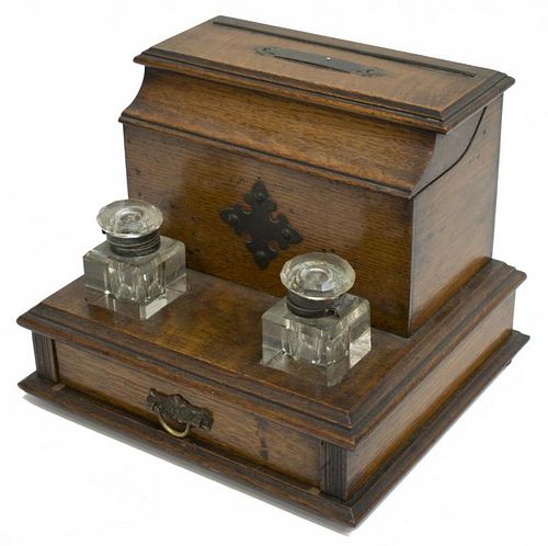 VICTORIAN OAK DESK STAND BOX AND INK WELLS