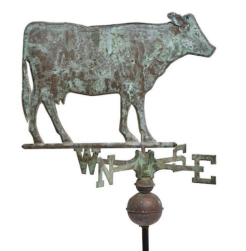 19TH C. COPPER COW WEATHER VANE WITH DIRECTIONALS