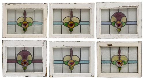 (6) ENGLISH STAINED LEADED GLASS WINDOWS