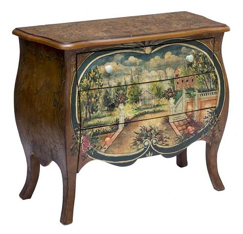 LOUIS XV STYLE PAINTED 3-DRAWER BOMBE COMMODE
