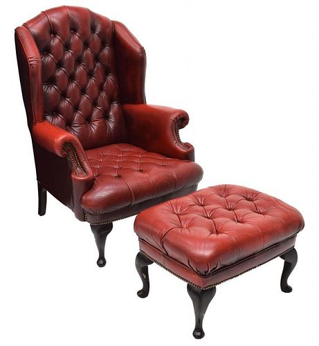 (2) QUEEN ANNE LEATHER WINGBACK CHAIR & STOOL