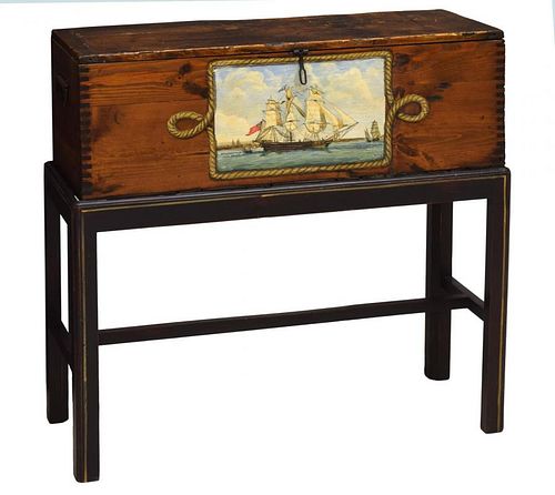 SHIP PAINTED PINE HINGED WORK BOX ON STAND
