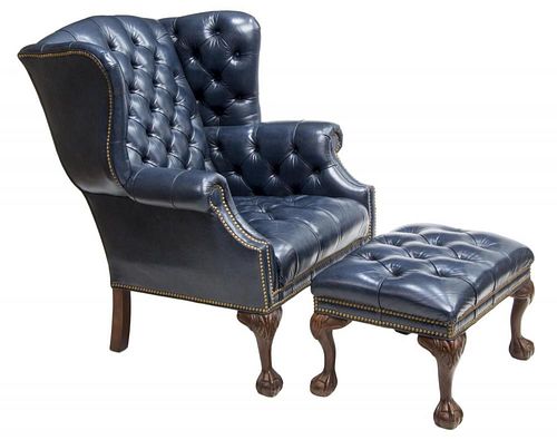ENGLISH WINGBACK LEATHER CHAIR & FOOT STOOL