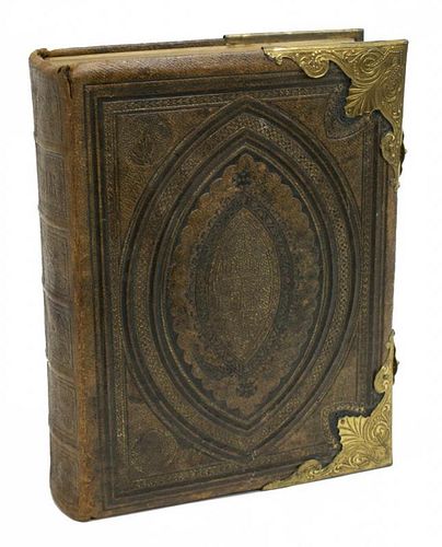 ENGLAND LEATHER & BRASS BOUND FAMILY BIBLE, 19TH C