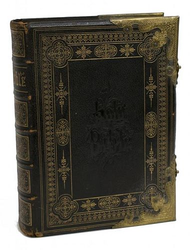 19TH C. LEATHER AND BRASS BOUND FAMILY BIBLE