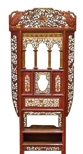 CHINESE CARVED PARCEL GILT RED LACQUER HALL STAND