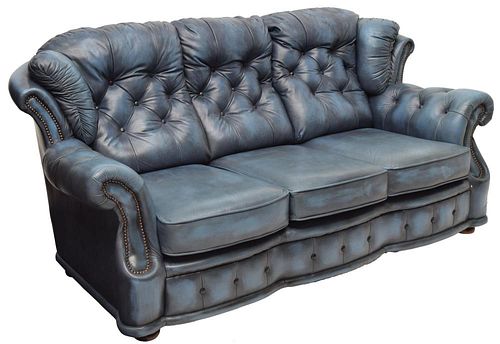 BRITISH CHESTERFIELD BLUE LEATHER BUTTONED SOFA